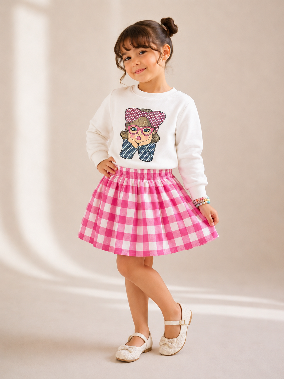 Pink check skirt set