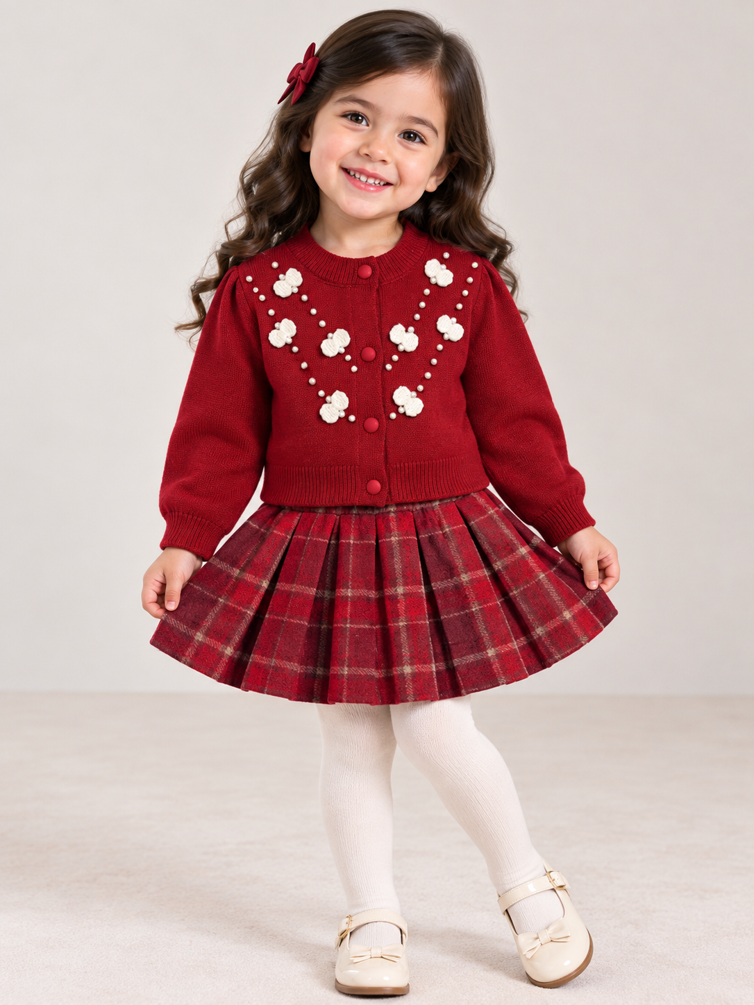 Maroon white bow skirt set