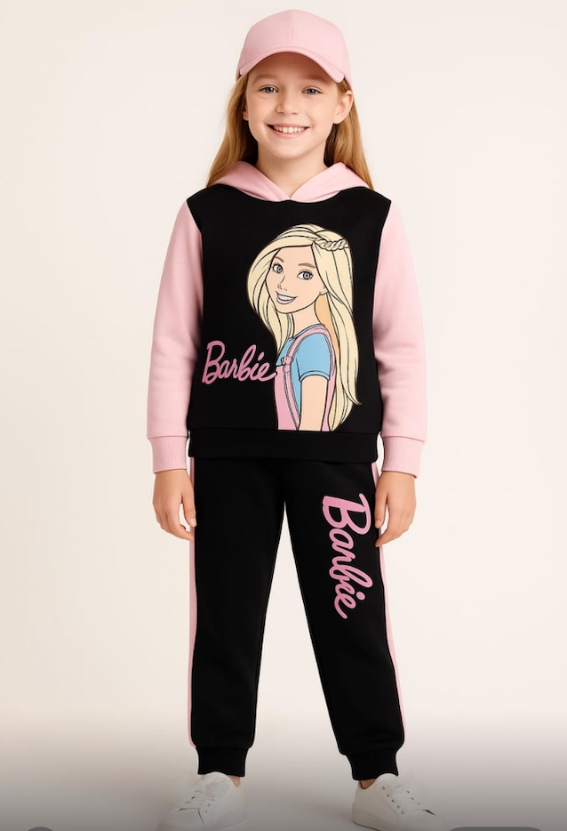 Girls Barbie Printed Fleece Tracksuit – Hooded Sweatshirt & Jogger Set