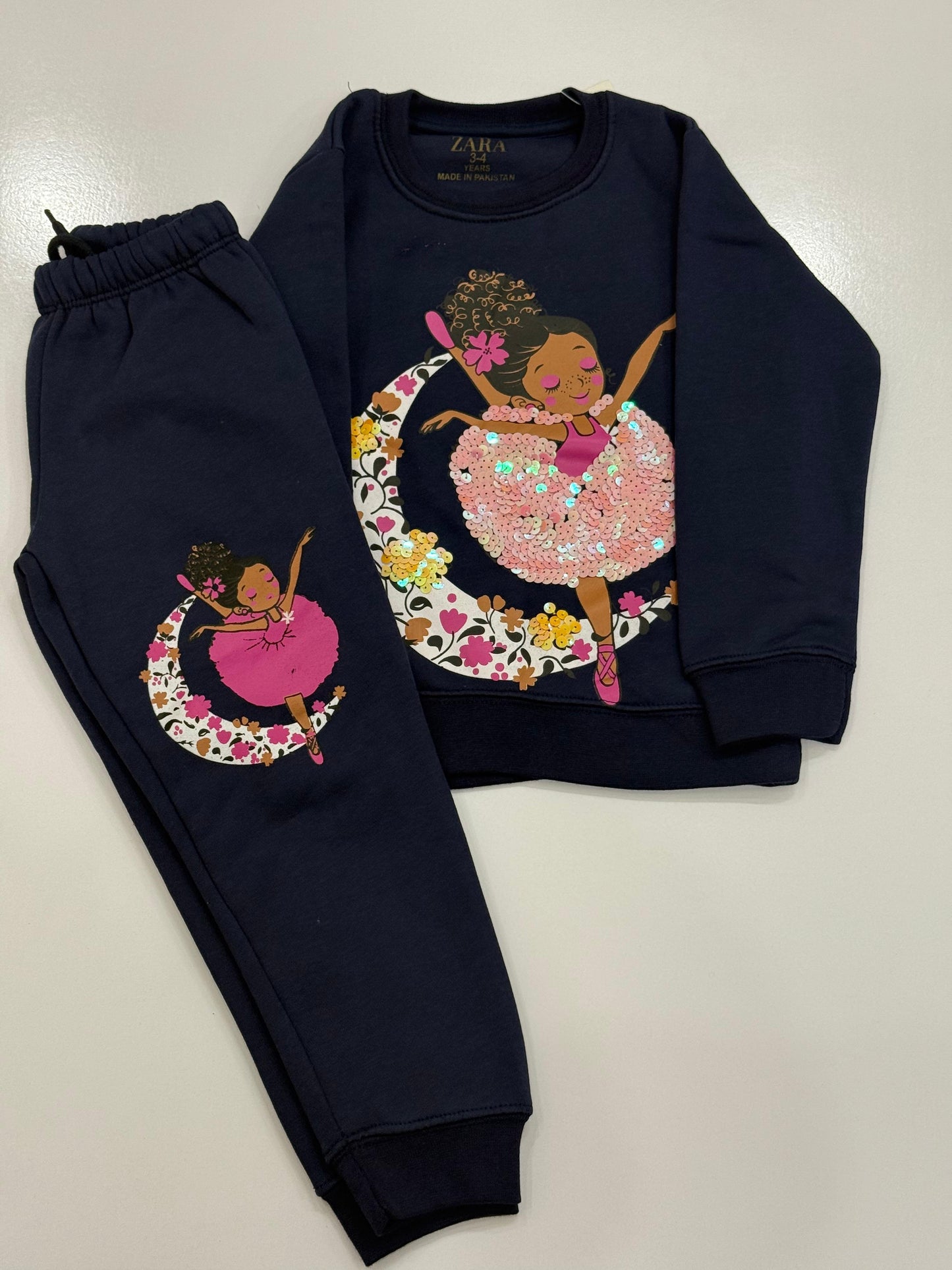 ZARA Navy Girls Ballet Dancer Fleece Tracksuit – Sequin Sweatshirt & Jogger Set