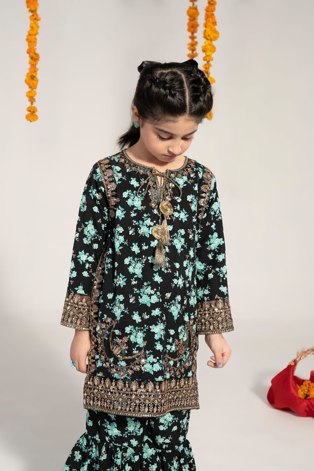 Alqaswa Girls Floral Sharara Suit Set with Dupatta- 3 Piece – Eid Collection