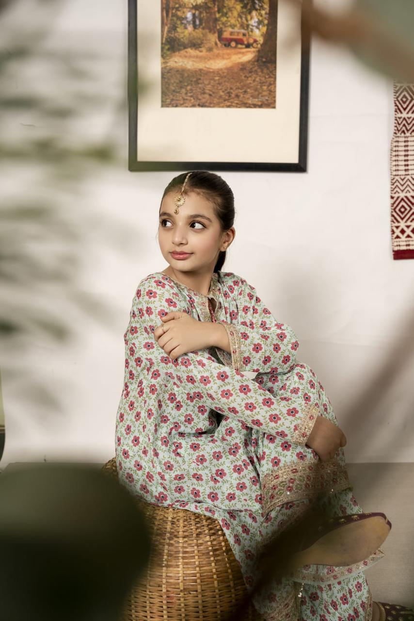 Alqaswa Girls Floral Printed Lawn Kurta Trouser Set – Eid Collection