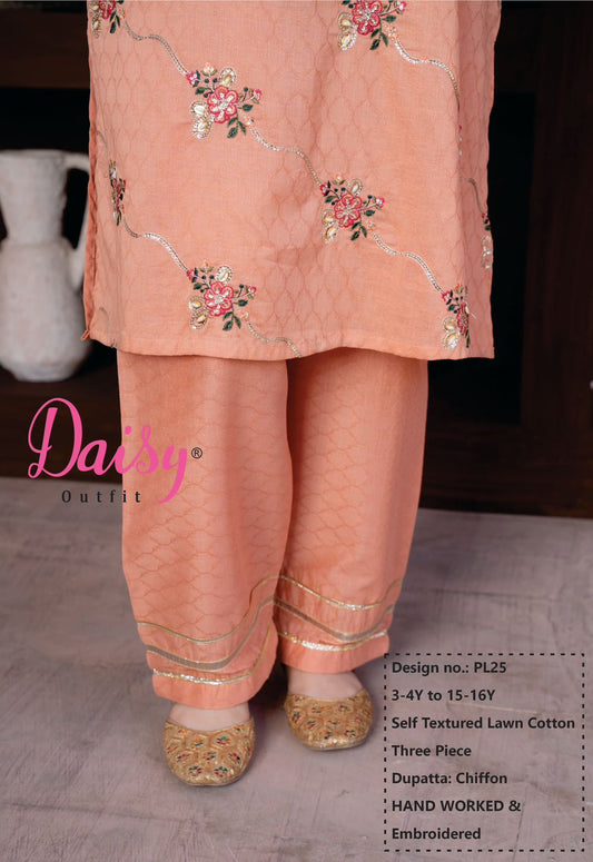Daisy Outfit Girls Eid Special Peach Lawn Embroidered Three-Piece Suit
