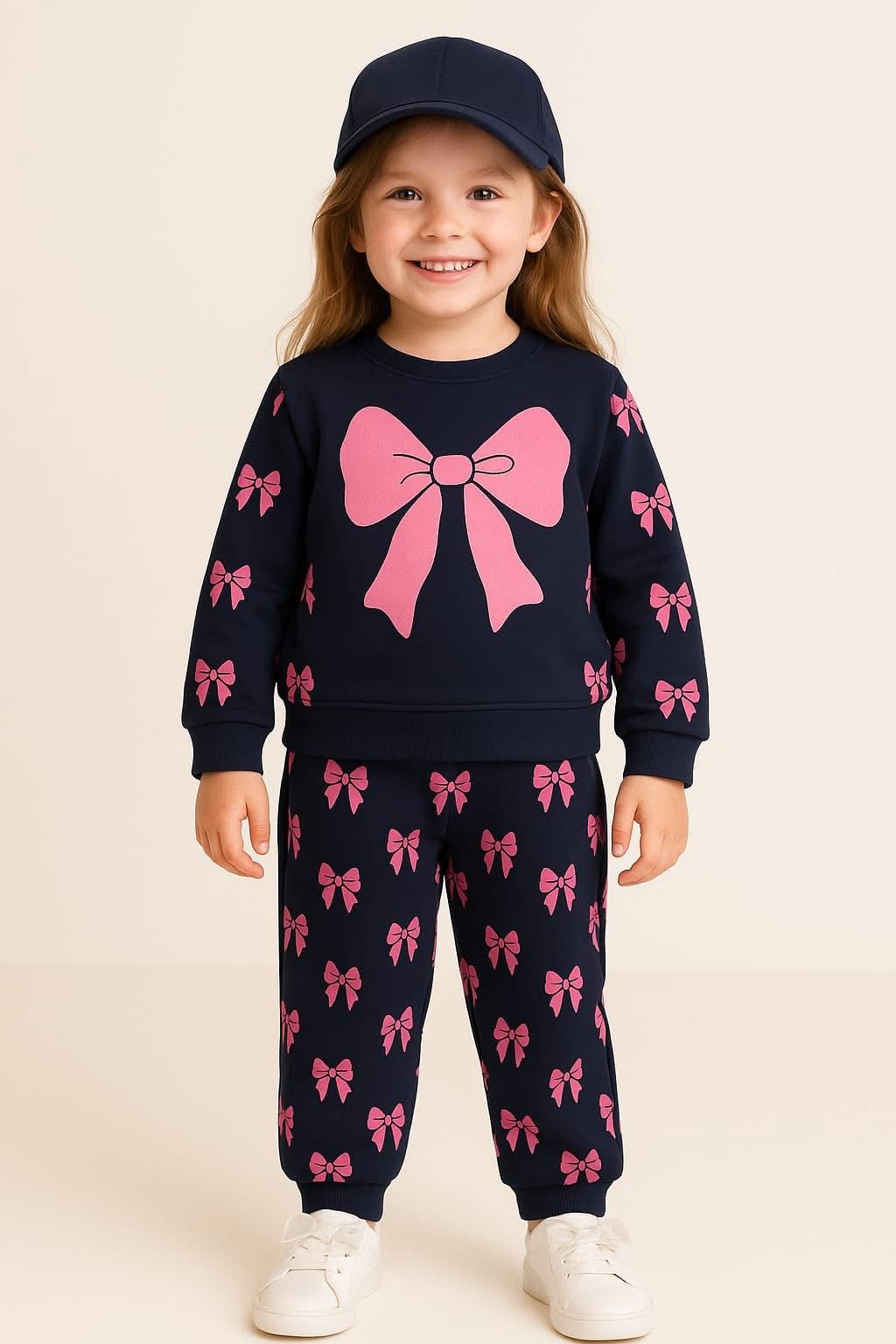 Navy Blue Bow Print Tracksuit for Girls