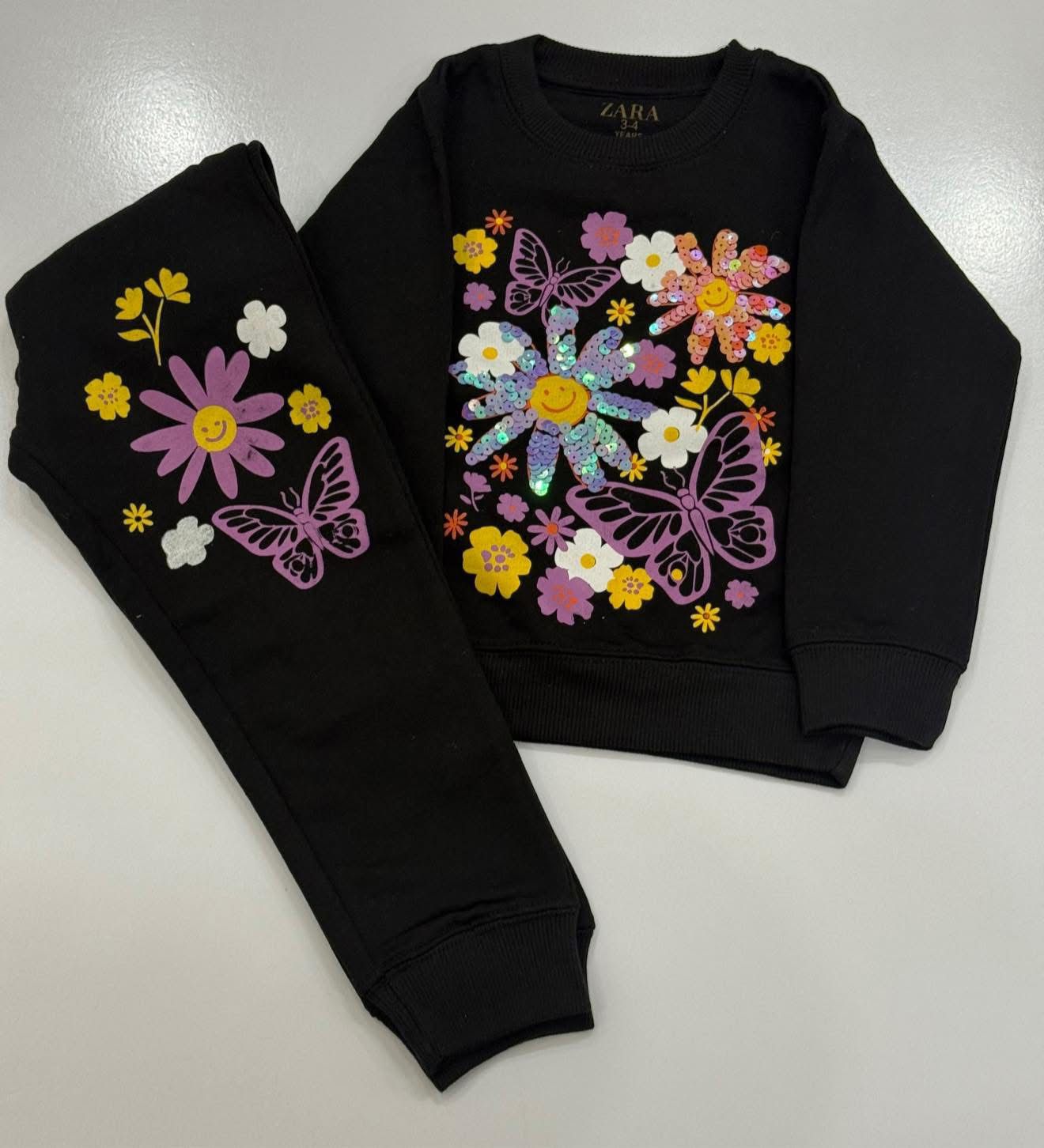Floral & Butterfly Print Tracksuit – Black