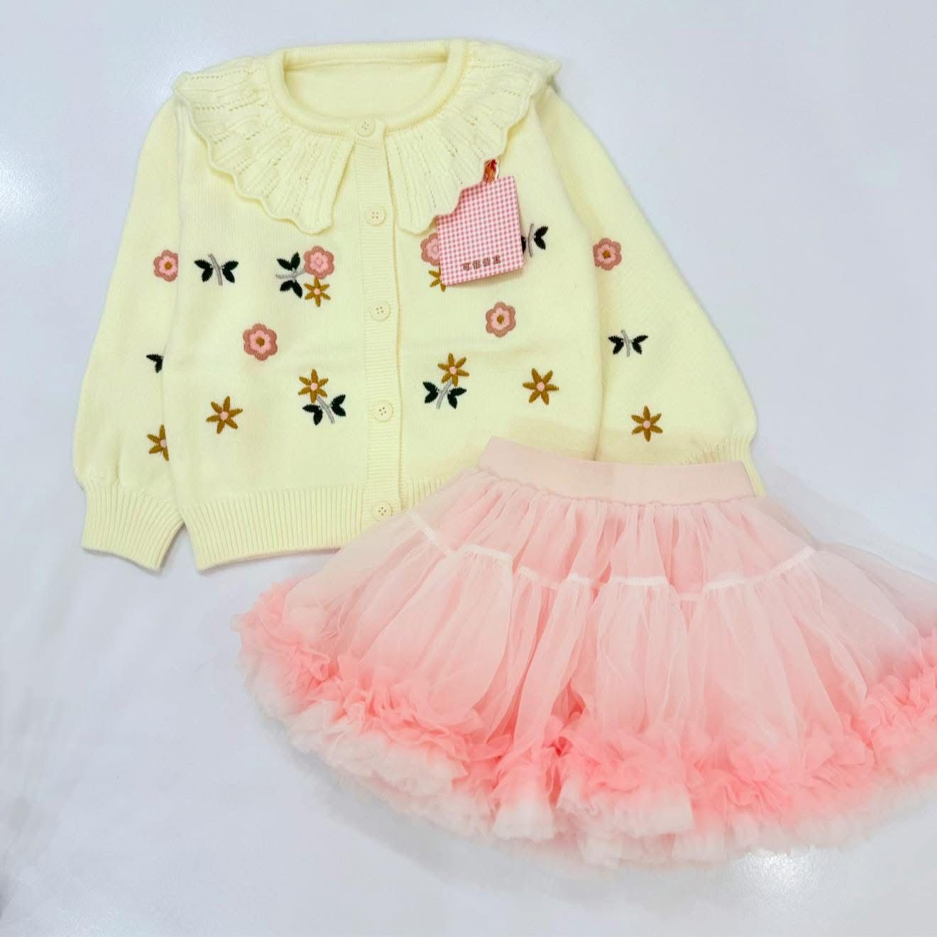 Floral Knit Cardigan & Pink Tulle Skirt Set for Girls