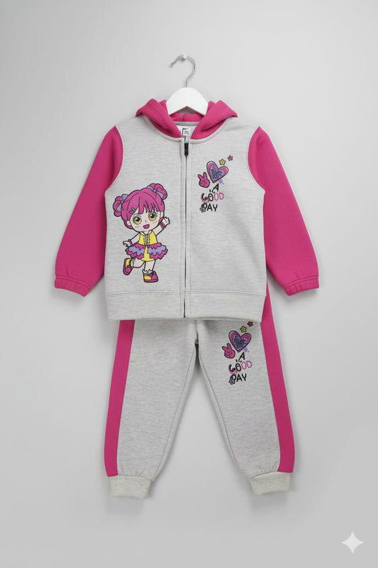 Girls Cute Cartoon Fleece Tracksuit – Zip Hoodie & Jogger Set