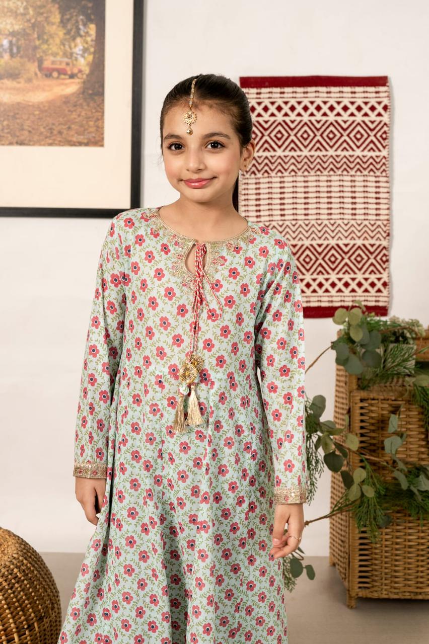 Alqaswa Girls Floral Printed Lawn Kurta Trouser Set – Eid Collection