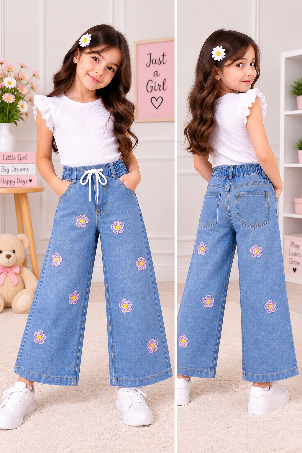 pink flower embroidered pant