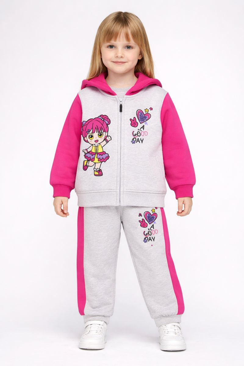 Girls Cute Cartoon Fleece Tracksuit – Zip Hoodie & Jogger Set