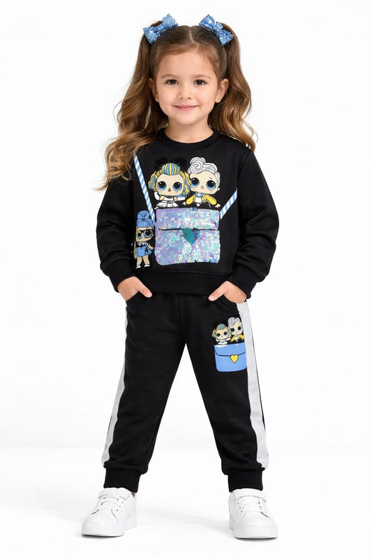 Girls Sequin Pocket Sweatshirt & Jogger Set Fleece Tracksuit– Black