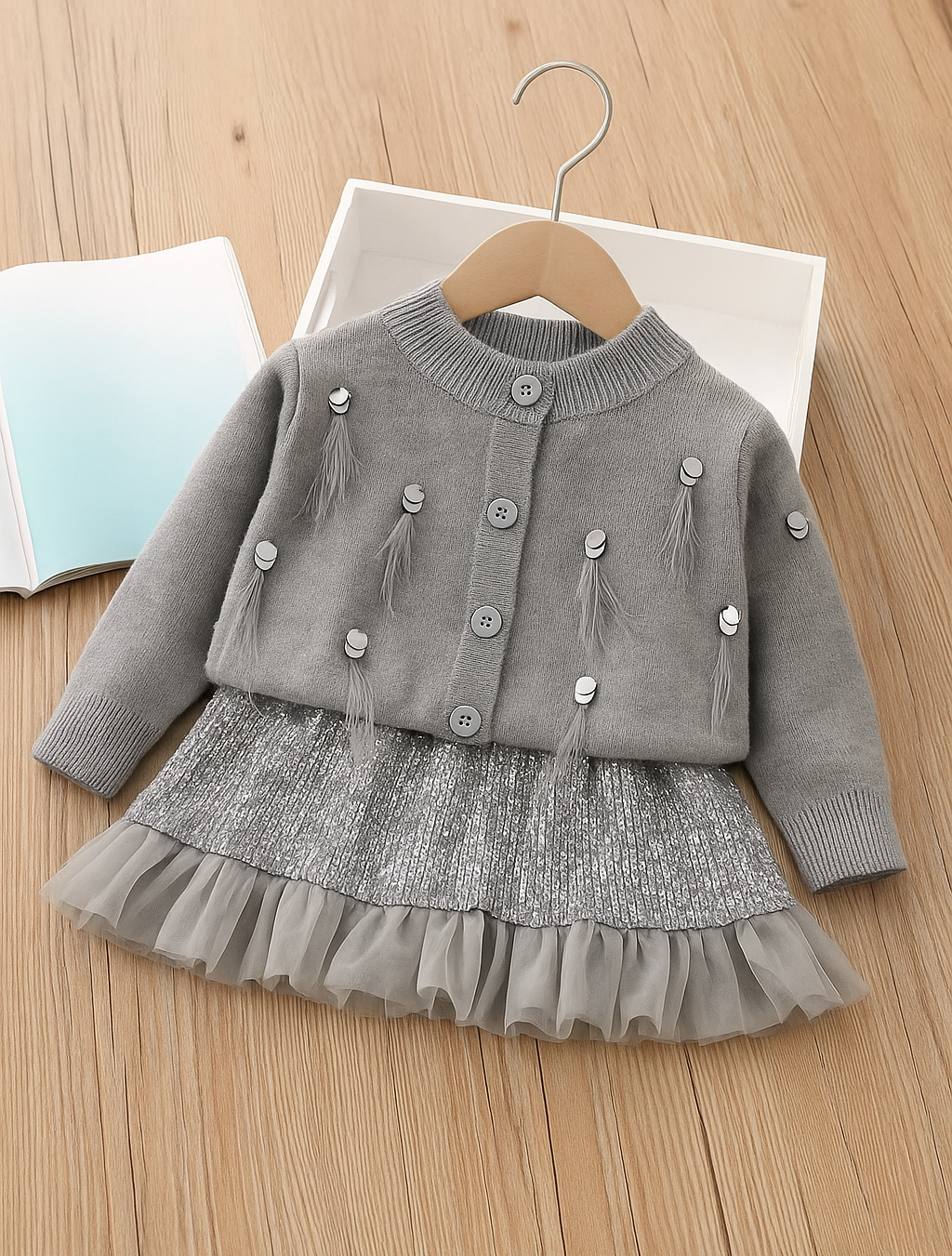 Baby Girls’ Gray Cardigan with Sequined Tulle Skirt