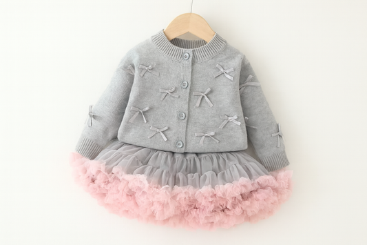 Adorable Grey Bow Cardigan with Pink Tutu Skirt
