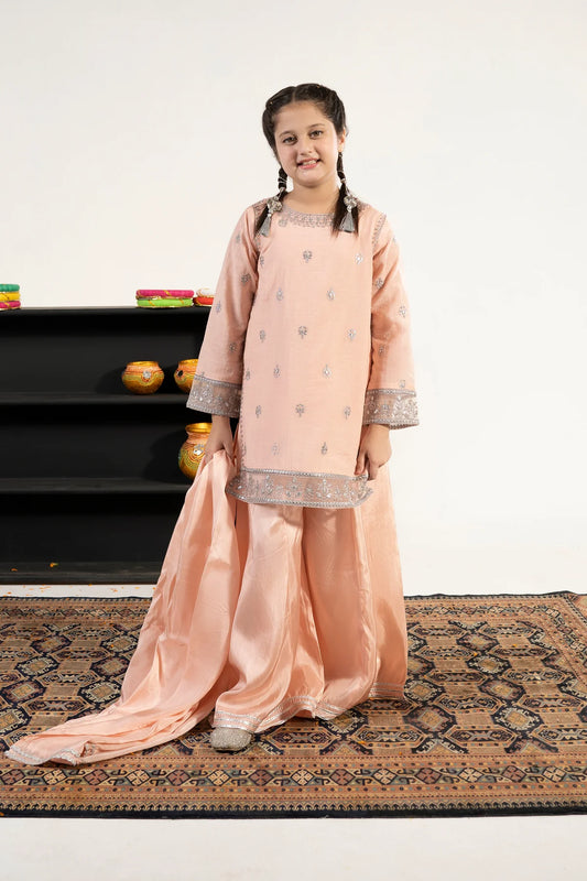 Alqaswa Girls Peach Embroidered Outfit – 3-Piece Shirt, Sharara, and Dupatta Suit Set
