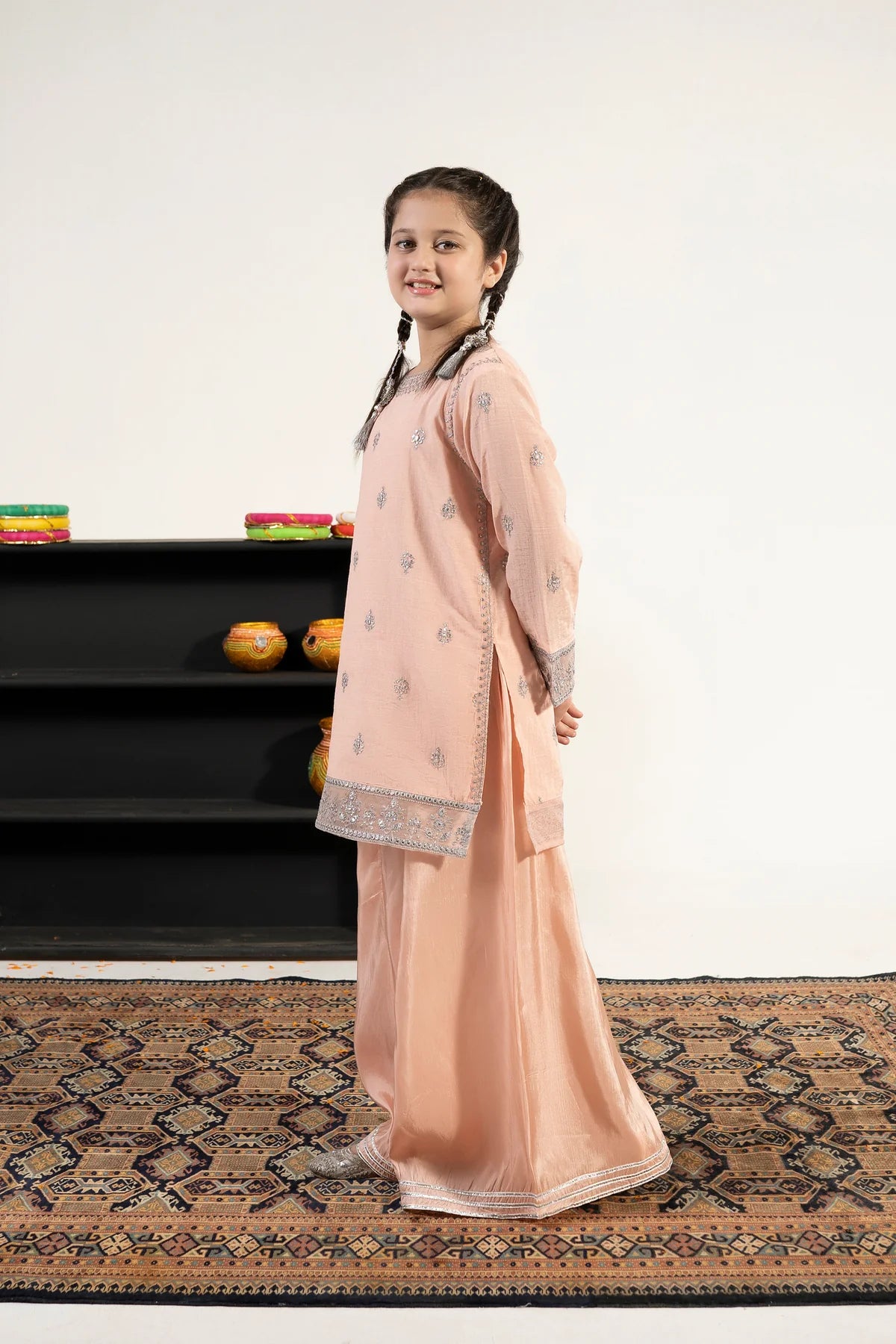 Alqaswa Girls Peach Embroidered Outfit – 3-Piece Shirt, Sharara, and Dupatta Suit Set
