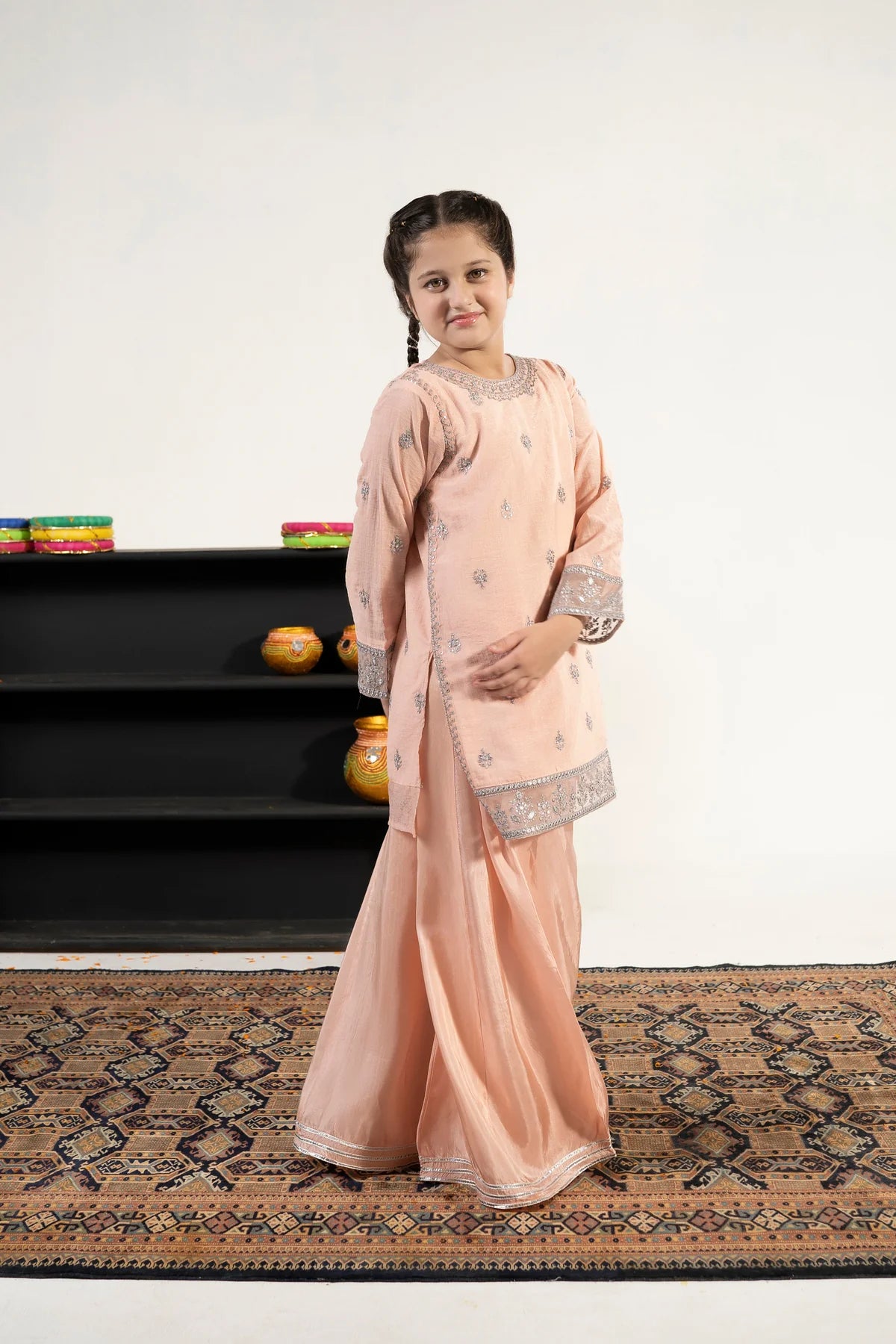 Alqaswa Girls Peach Embroidered Outfit – 3-Piece Shirt, Sharara, and Dupatta Suit Set