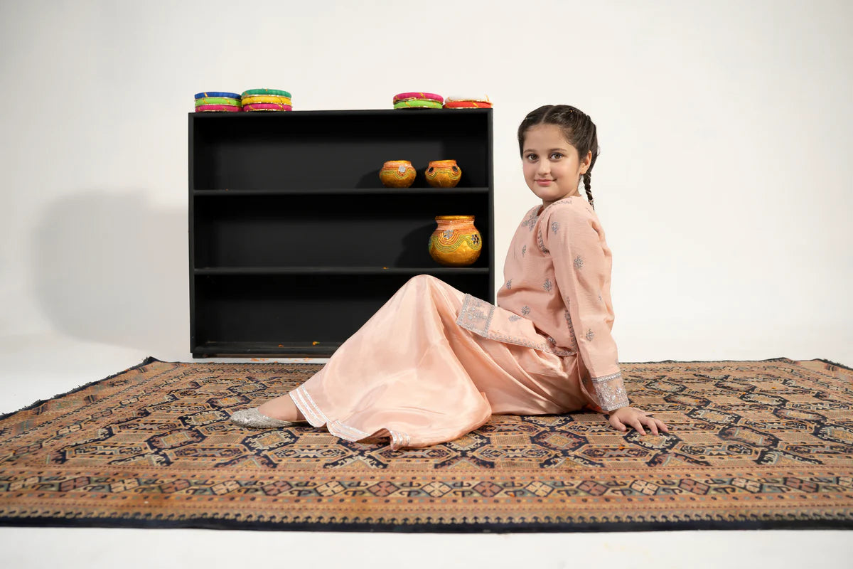 Alqaswa Girls Peach Embroidered Outfit – 3-Piece Shirt, Sharara, and Dupatta Suit Set