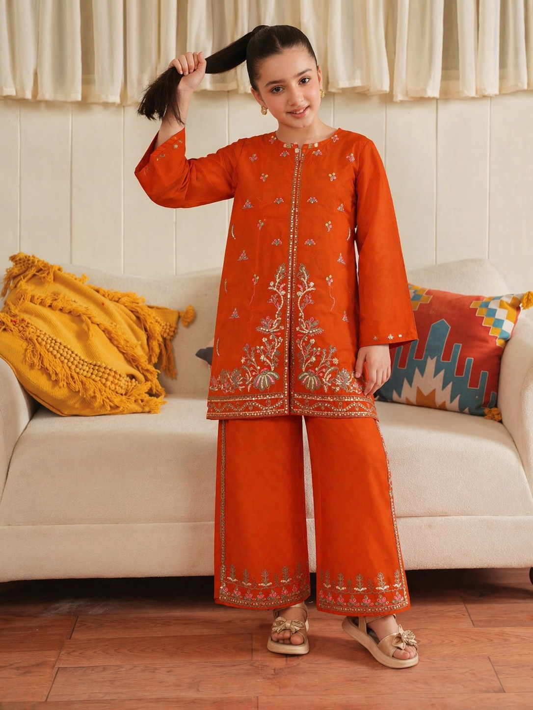 Peeru orange motif cord set