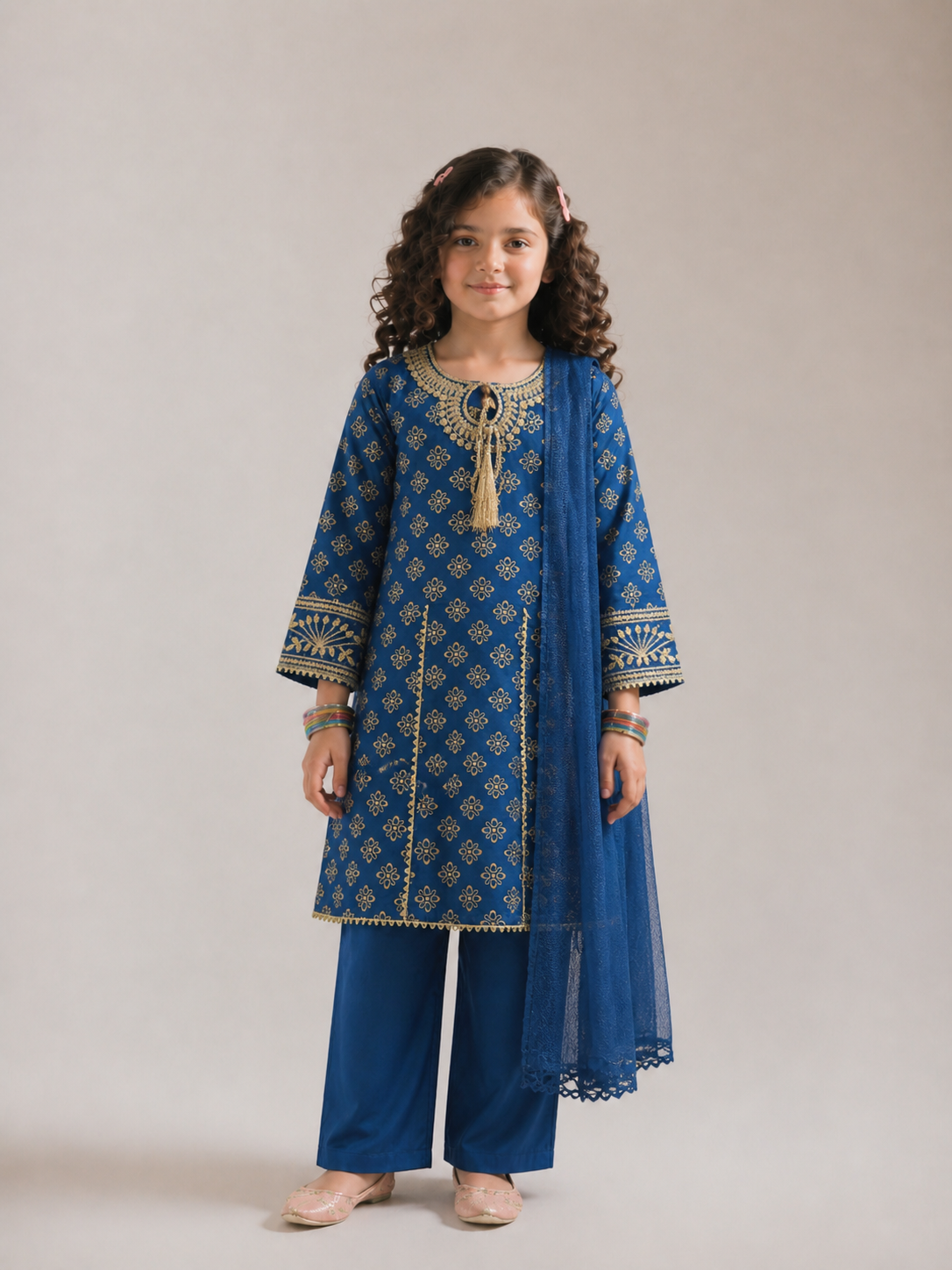 Lawn emb block print dress