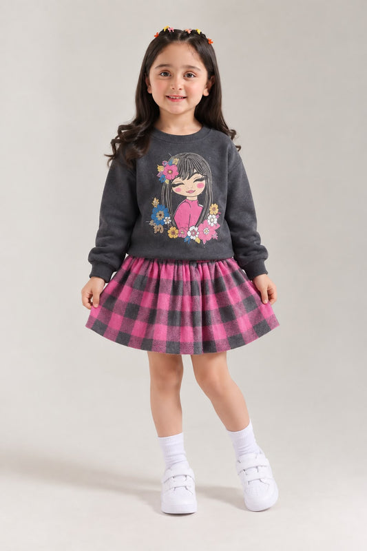 Chuchu pink  charcoal skirt set