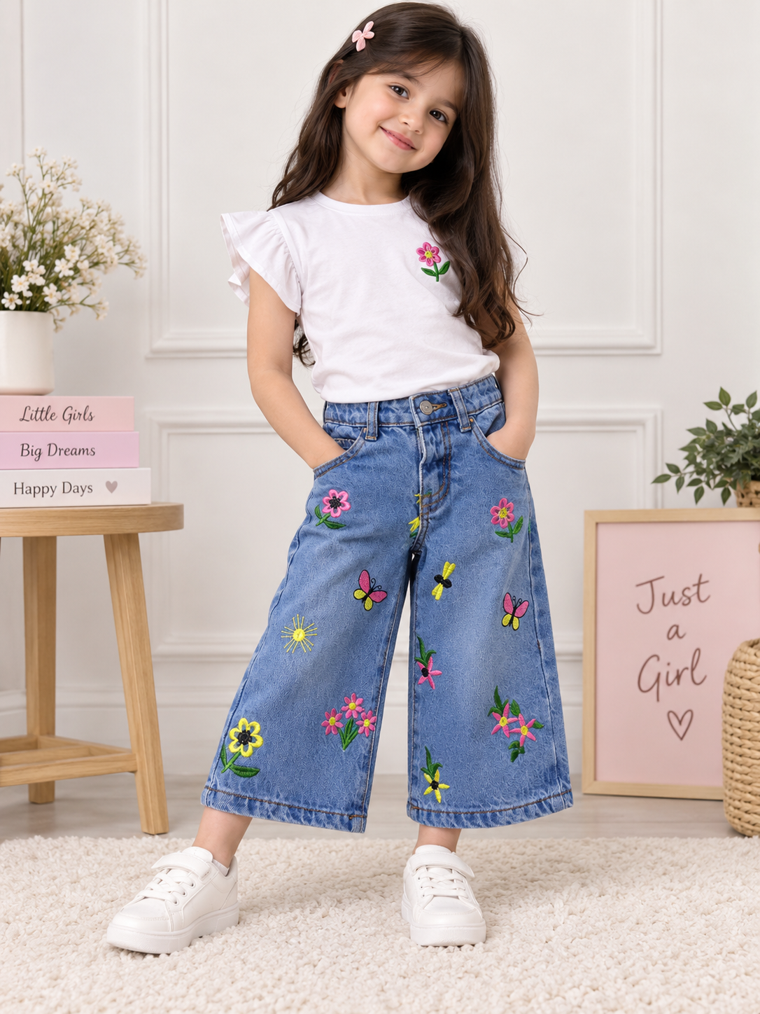 Butterfly and flower light blue pant