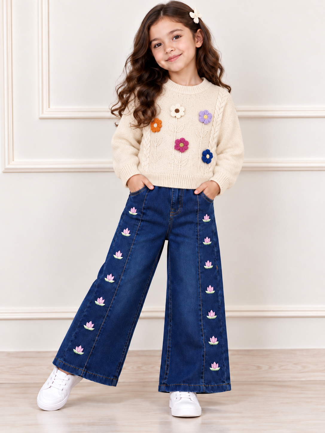 White multi flowers sweater