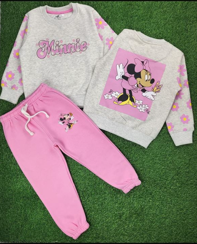 Girls Minnie Mouse 3-Piece Fleece Tracksuit Set – Sweatshirt, Back-Print Top & Jogger