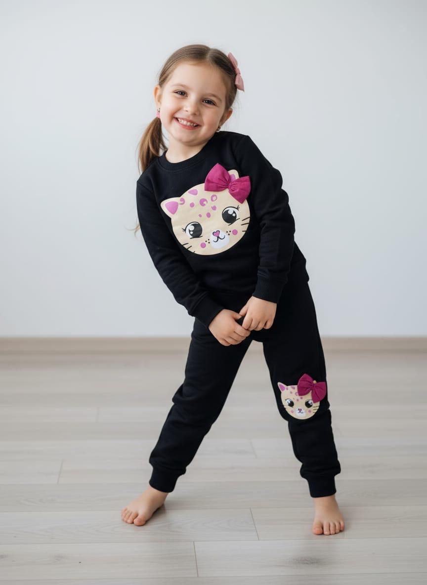 Cute Kitty Printed Girls Two-Piece Outfit – Fleece TrackSuit  Sweatshirt & Pants Set
