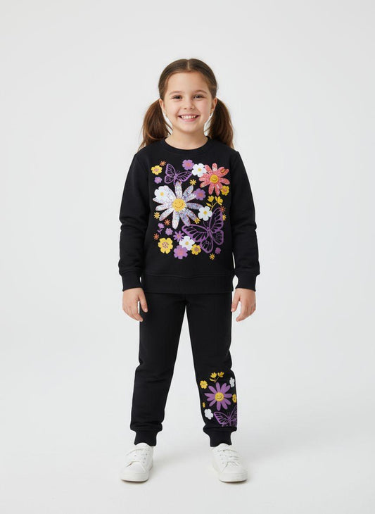 Girls Floral Butterfly Fleece Tracksuit – Cozy Sweatshirt & Jogger Set
