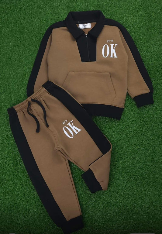 It’s OK” Tracksuit Set – Brown & Black Zip-Collar Sweatshirt + Joggers