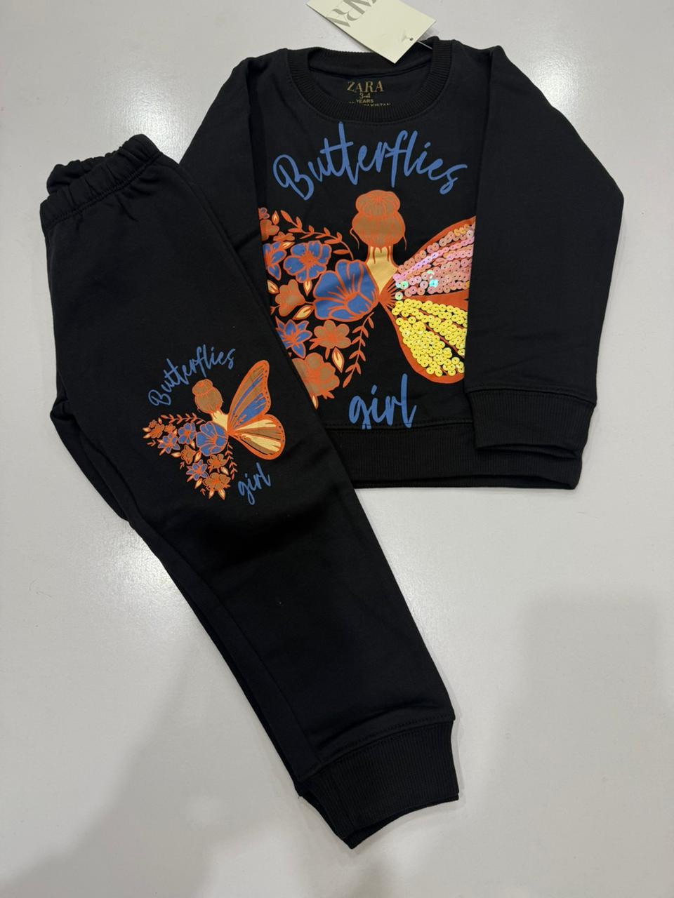 Girls Zara Butterfly Girl Fleece Tracksuit – Sequin Sweatshirt & Jogger Set
