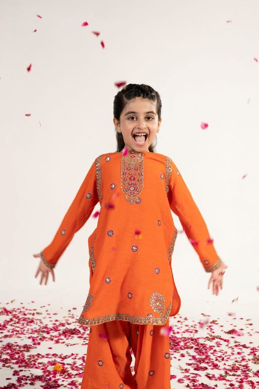 Orange Festive Embroidered Suit