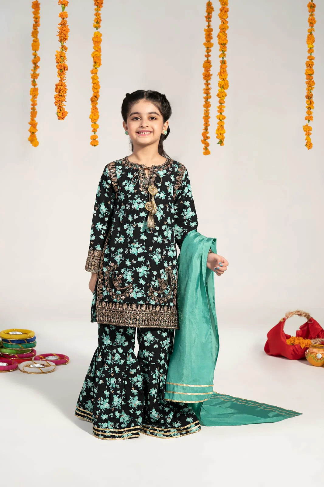 Alqaswa Girls Floral Sharara Suit Set with Dupatta- 3 Piece – Eid Collection