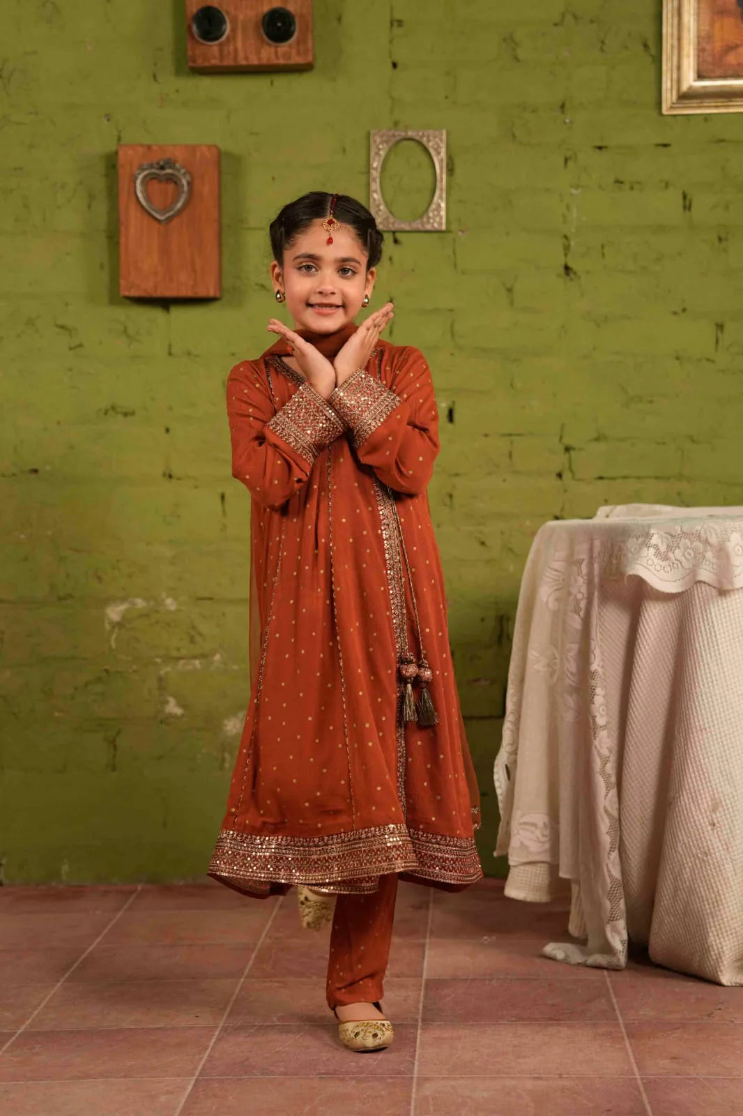 Alqaswa Girls Rust Embroidered Anarkali Kurti Set