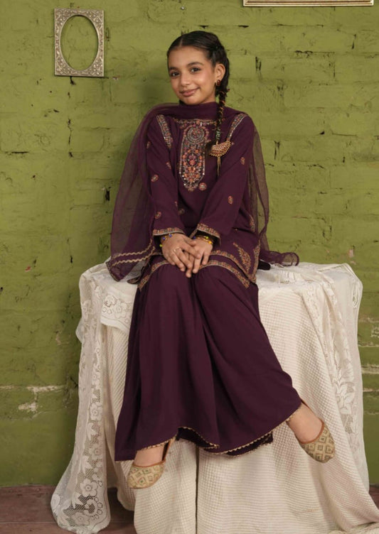Alqaswa Royal Plum Embroidered Kids Festive Kurta Gharara Set