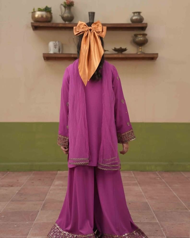 Alqaswa Magenta Embroidered Kids Kurta Gharara Set