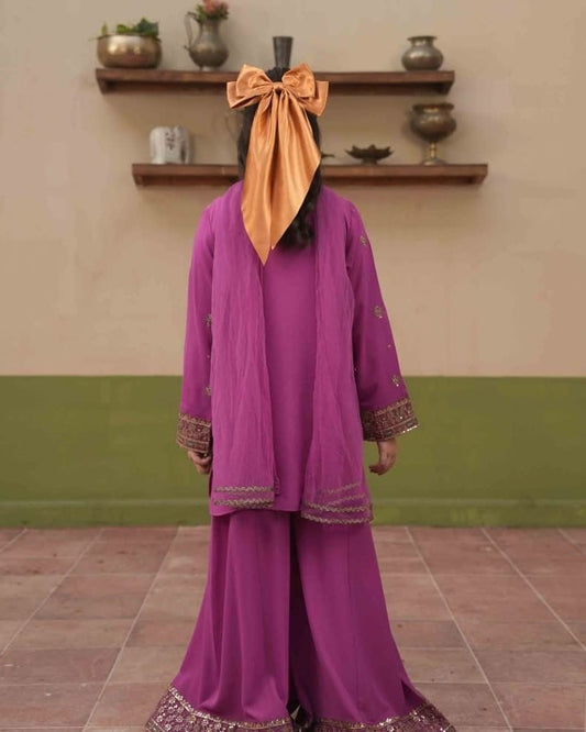 Alqaswa Magenta Embroidered Kids Kurta Gharara Set