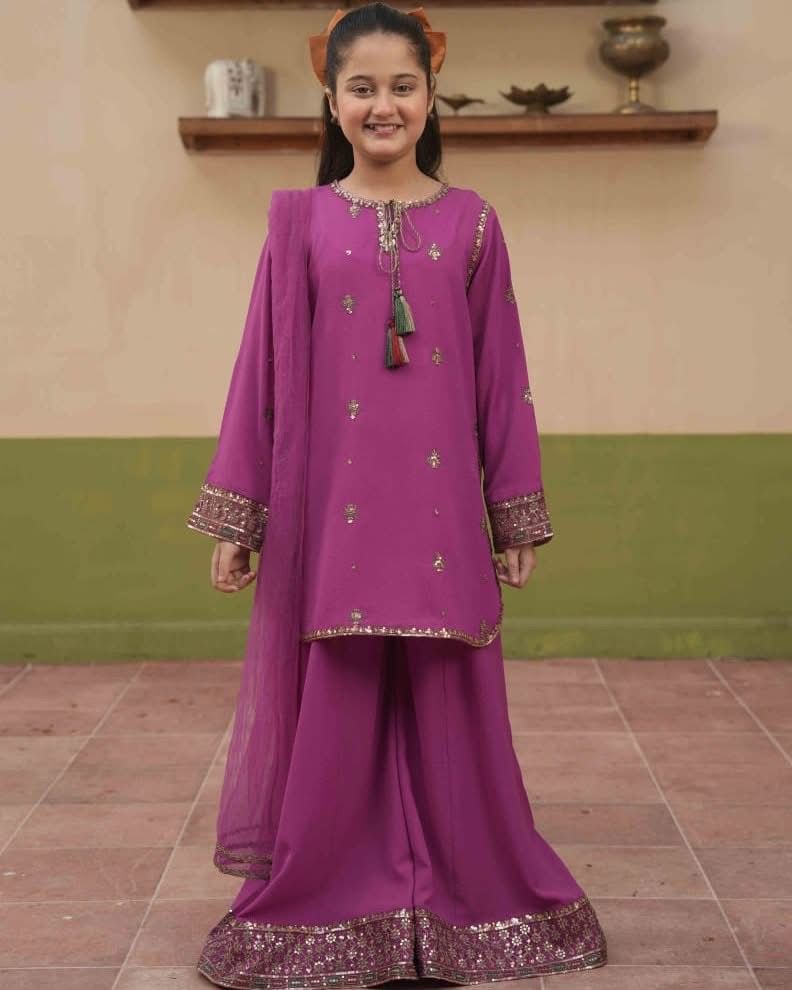 Alqaswa Magenta Embroidered Kids Kurta Gharara Set