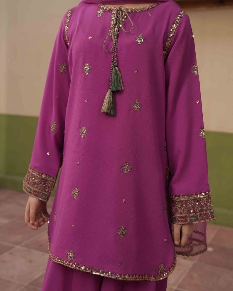 Alqaswa Magenta Embroidered Kids Kurta Gharara Set