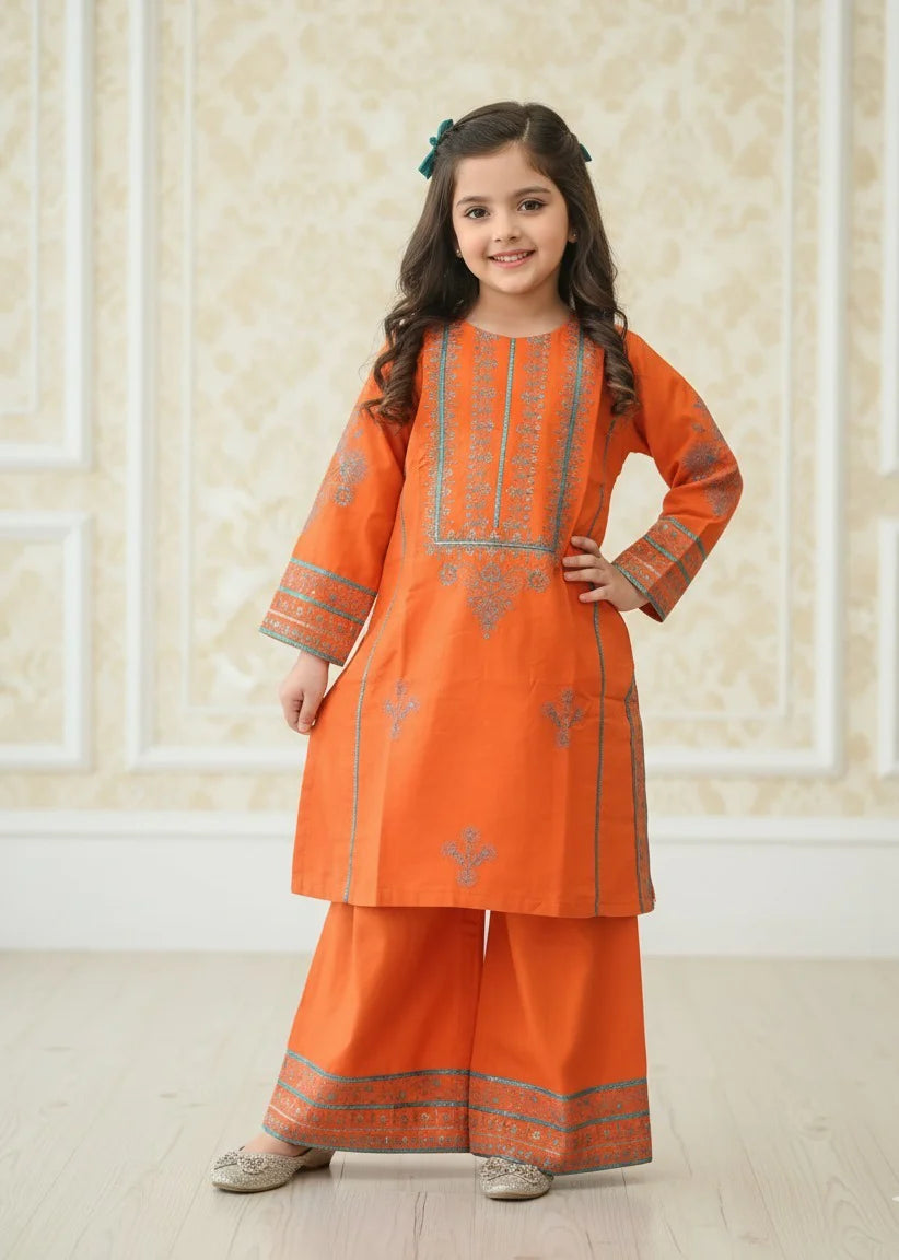 Peru Girls Festive Eid Wear Orange Embroidered Two-Piece Dress