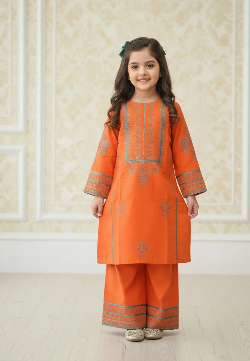 Peru Girls Festive Eid Wear Orange Embroidered Two-Piece Dress
