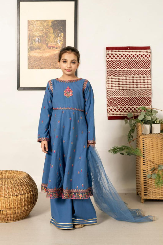 Alqaswa Kids Girls Blue Kurta Sharara Dupatta 3-Piece Set for Eid