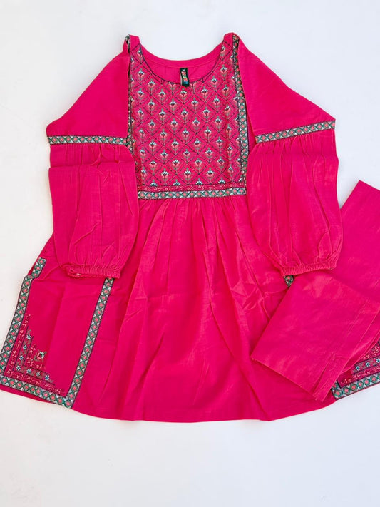 Peru Girls Eid Special Pink Lawn Embroidered Kurta Trouser Two-Piece
