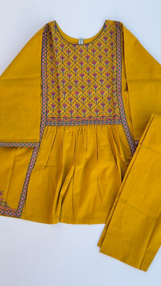 Peru Girls Eid Special Yellow Lawn Embroidered Kurta Trouser Two-Piece