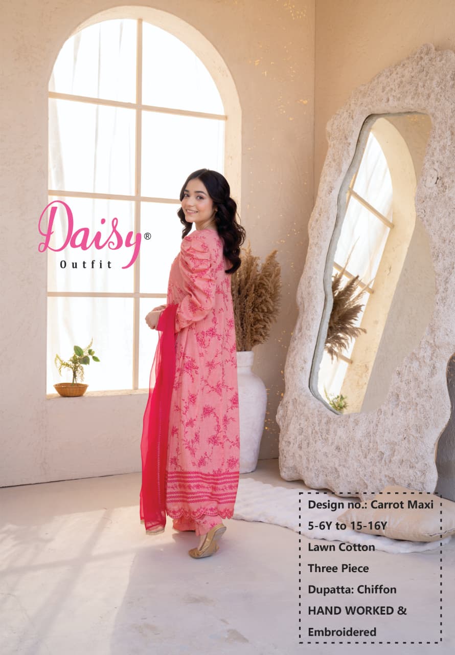 Daisy Outfit Girls Eid Special Pink Lawn Embroidered Three-Piece Suit Dress