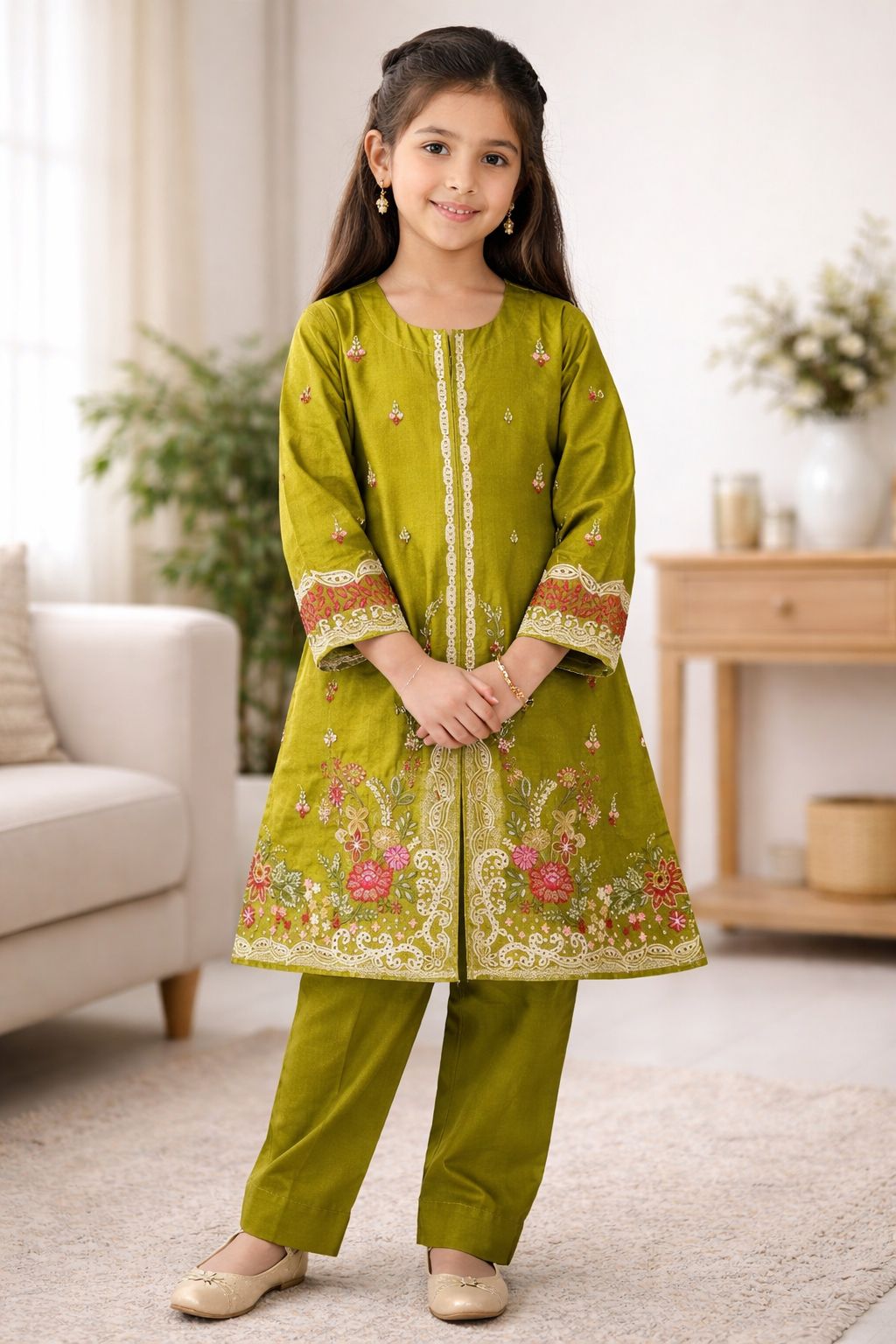 Peru Girls Eid Special Green Lawn Embroidered Kurta Trouser Two-Piece Set