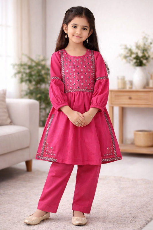 Peru Girls Eid Special Pink Lawn Embroidered Kurta Trouser Two-Piece