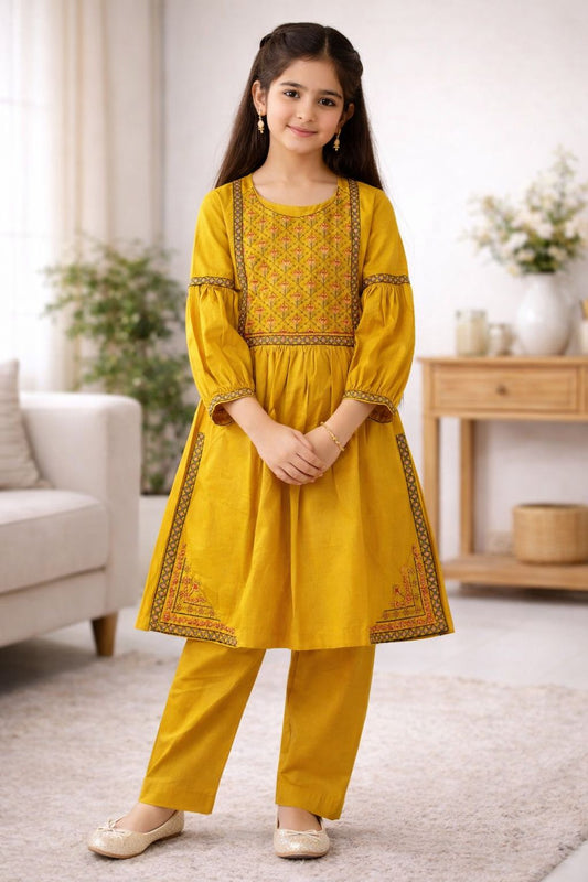 Peru Girls Eid Special Yellow Lawn Embroidered Kurta Trouser Two-Piece