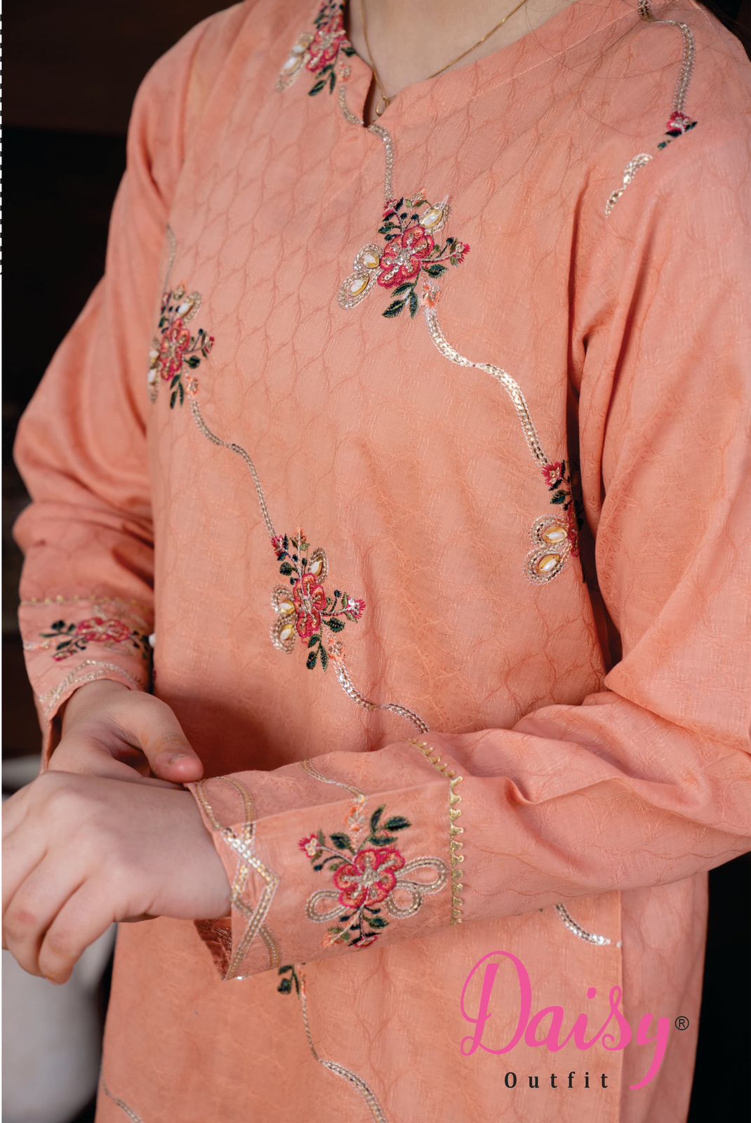 Daisy Outfit Girls Eid Special Peach Lawn Embroidered Three-Piece Suit