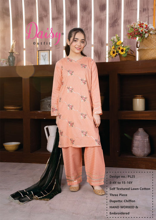 Daisy Outfit Girls Eid Special Peach Lawn Embroidered Three-Piece Suit